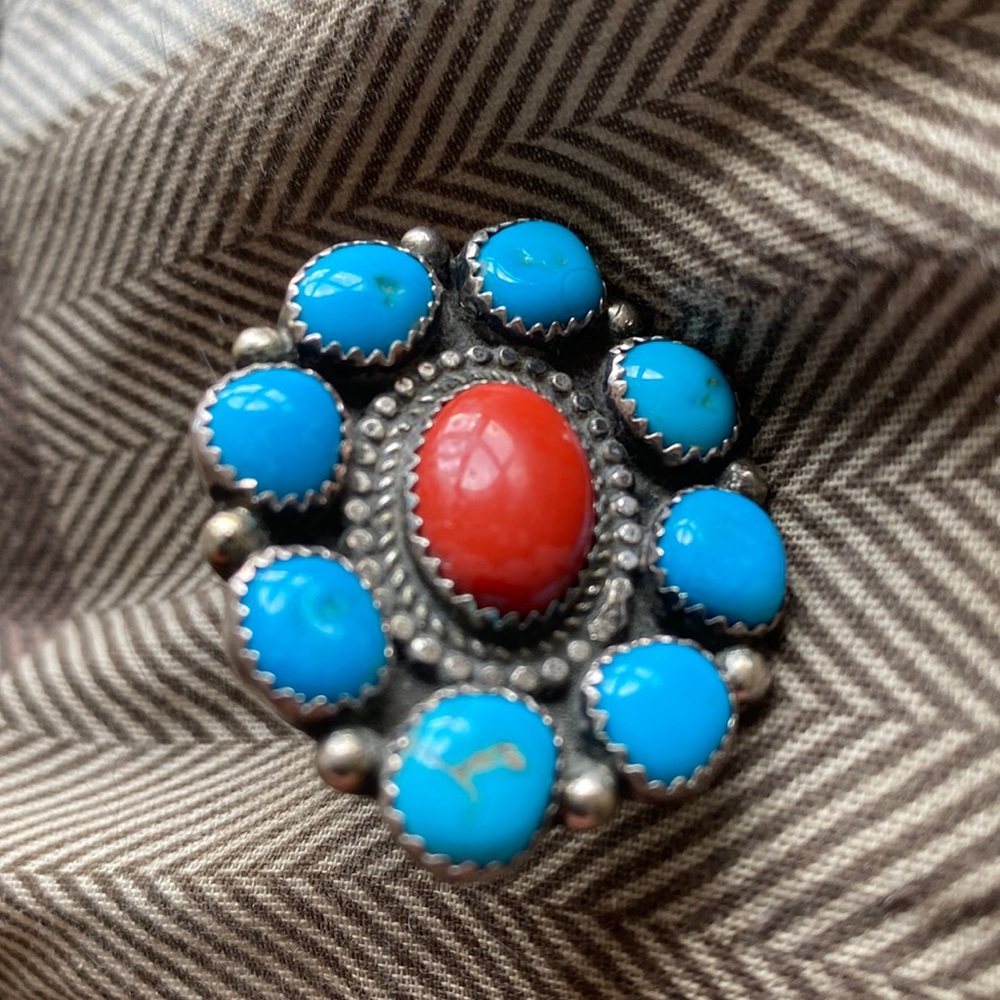Navajo turquoise and coral ring 8 1/2 size